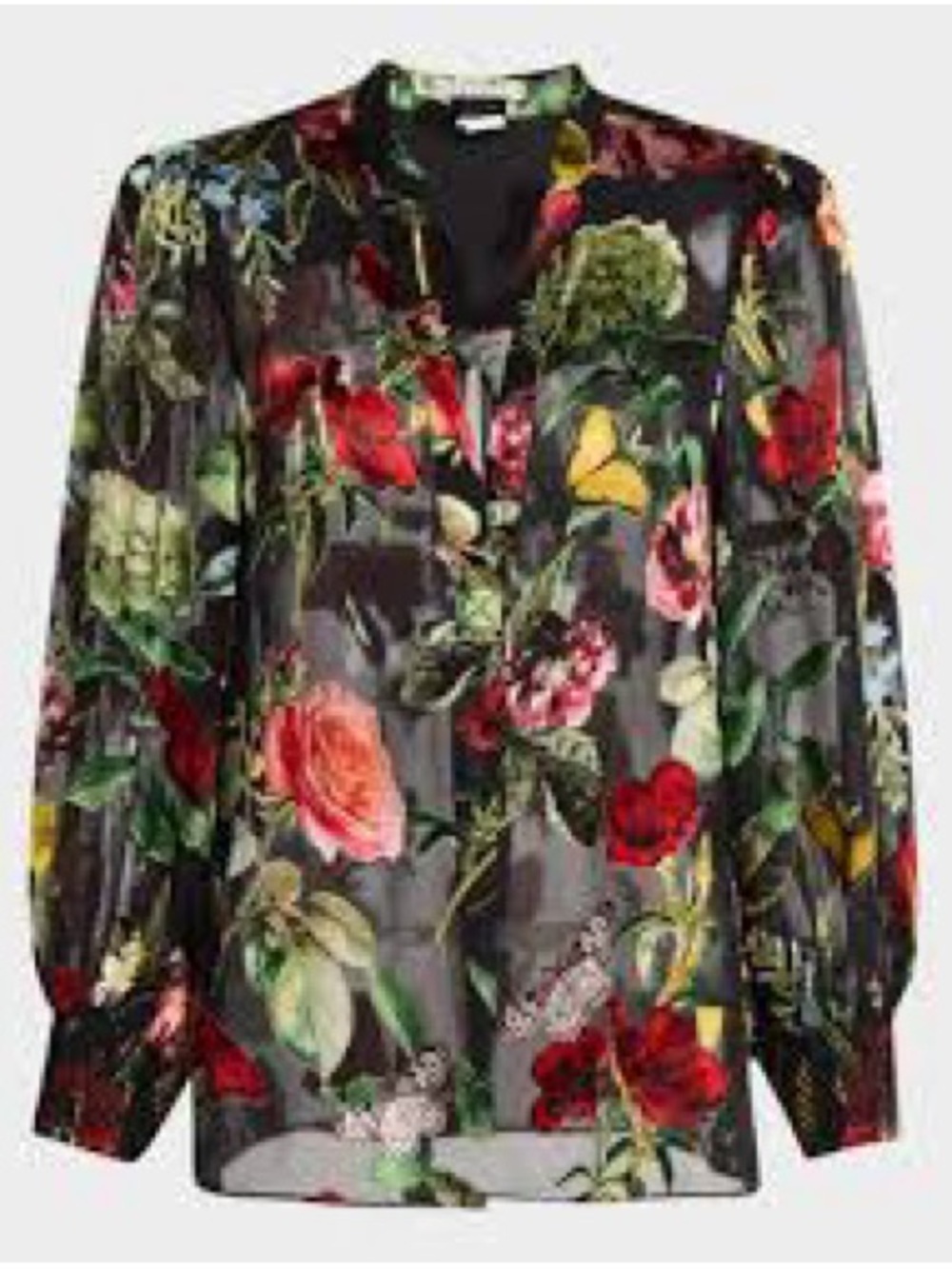 Alice + Olivia Black Sheer Floral V-Neck Long-Sleeve Blouse - Sheila - Small